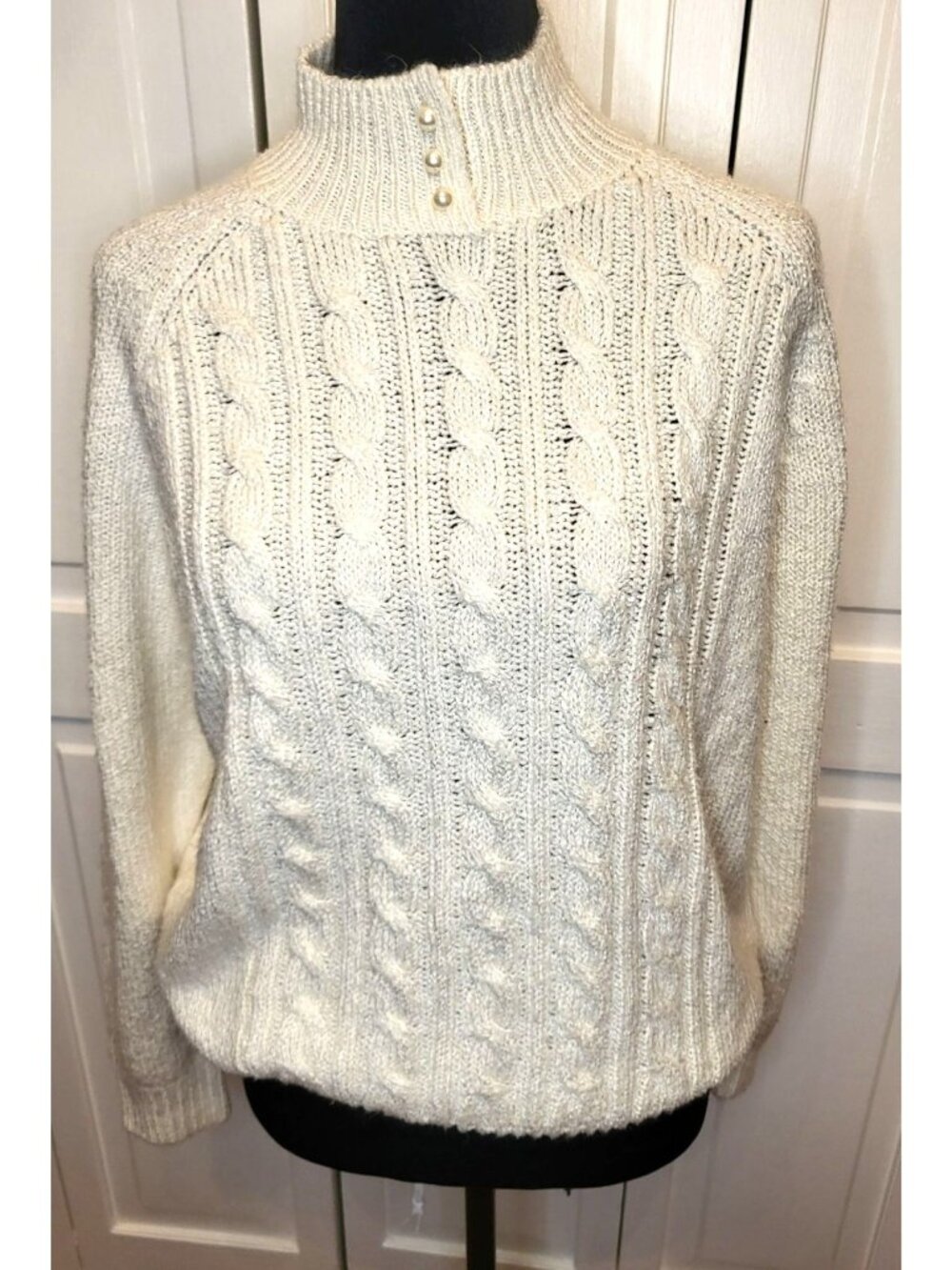 Vintage 90s Karen Scott Petites M Mock Neck Cable Knit Sweater Pearls Preppy